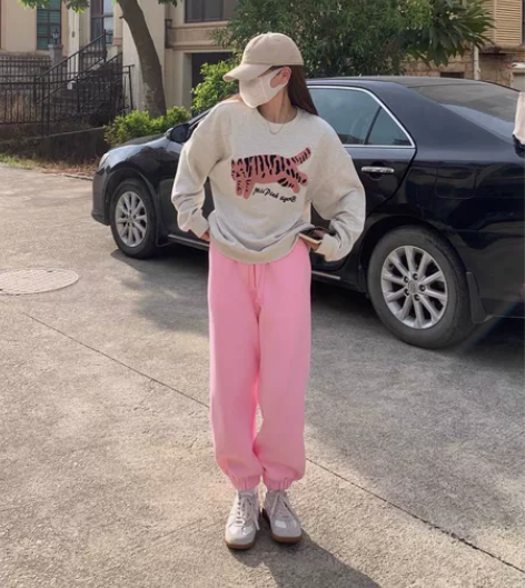 2022秋冬新款粉色加绒运动裤束脚裤女休闲...