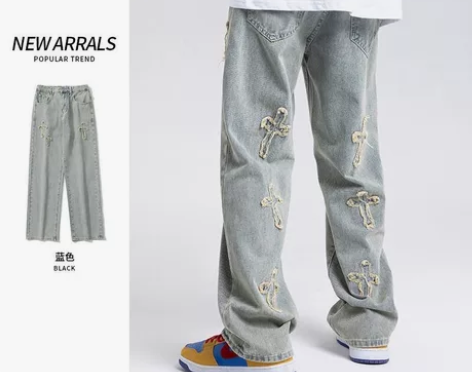 十字架牛仔裤男夏季薄款宽松潮牌高街美式水洗...