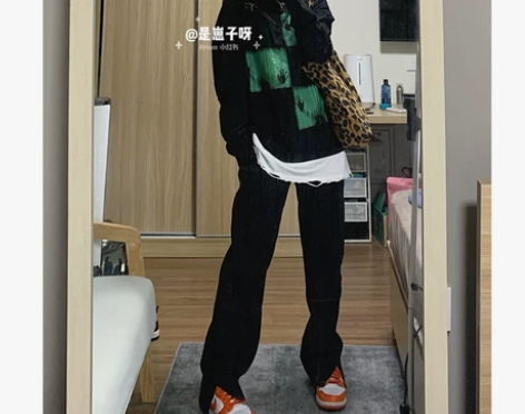 欧美vibe风显瘦高个子宽松开叉直筒牛仔裤...