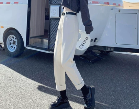 米白色高腰萝卜牛仔裤女秋冬新款加绒保暖老爹...