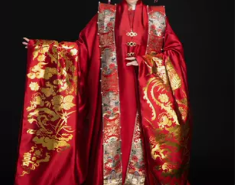 原创琉鱼汉服织金挂里大衫汉婚明制红色华丽原...