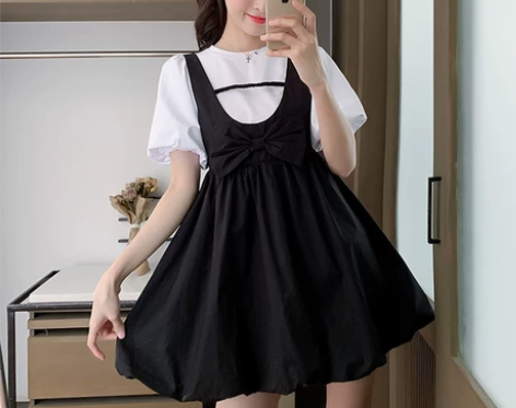 法式甜美蝴蝶结蓬蓬背带连衣裙女夏小个子学院...