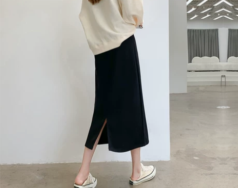 半身裙女春夏中长款黑色高腰a字裙小个子开叉...