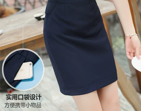 职业半身裙女深蓝色有口袋的工装裙学生中长款...