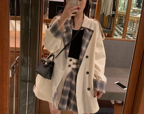 西装外套短裙子两件套chic港风复古小个子...