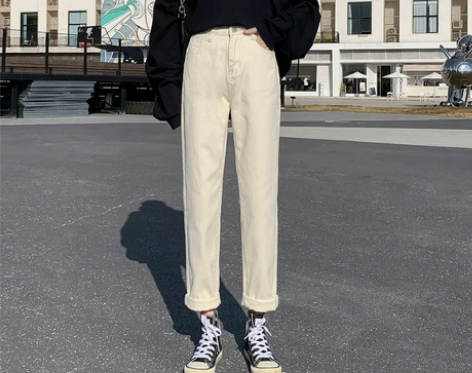 米白色直筒牛仔裤女2021春秋新款黑色高腰...