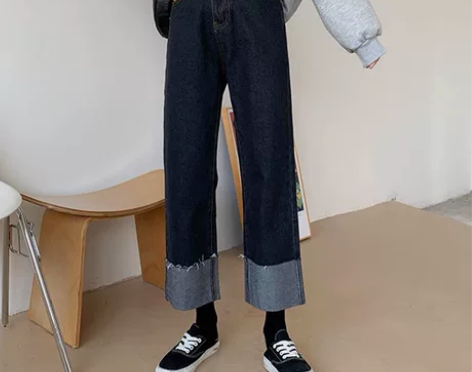 布林家的衣橱深蓝色翻边阔腿牛仔裤女2022...