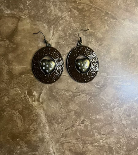 中古棕色滴釉立体爱心镶钻耳环 老货微瑕，有...