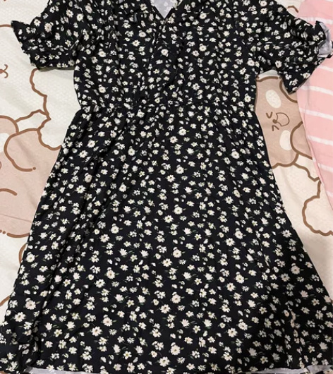 黑色碎花连衣裙夏季女 120斤内好穿，长度...