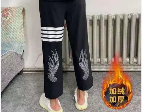 裤子男韩版潮流秋季款四条杠裤子印花直筒九分...