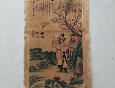 乡下收淘老旧画芯人物画青言对月画客厅装饰画...