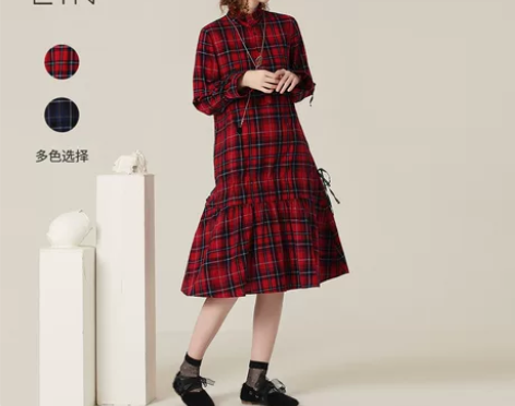 EIN言格子连衣裙女2020新款夏女小立领...