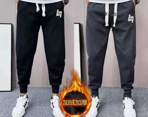 秋冬加绒加厚运动裤男士新款宽松百搭针织休闲...