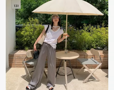 ?区区欧阳缎面凉凉裤女夏季薄款休闲裤高腰直...
