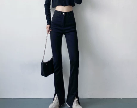 2022年春春装新款高腰弹力开叉微喇叭黑色...