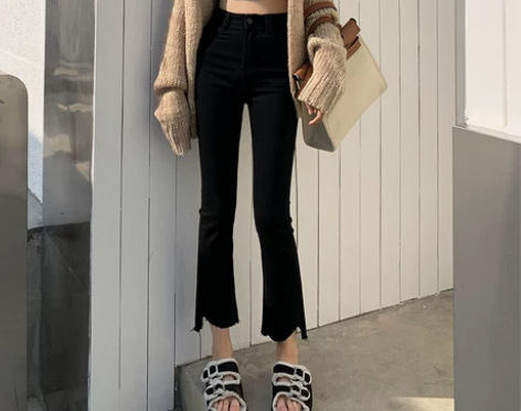 ?春装2022年新款黑色微喇叭牛仔裤女ch...