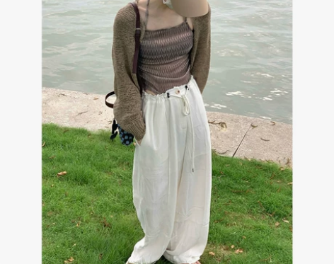 解放腰围抽绳棉麻裤女宽松阔腿裤高腰直筒垂感...