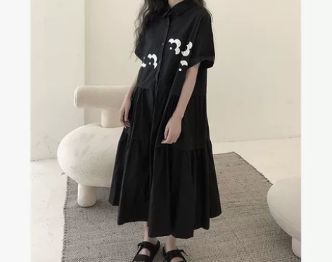 陆与山屿印花衬衫裙连衣裙收腰显瘦新款长裙子...