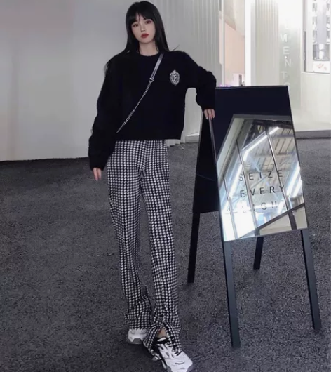 秋冬新款网红高腰千鸟格阔腿褲潮日系复古微喇...