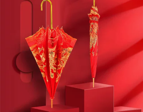 红伞婚庆结婚出嫁伞蕾丝花边刺绣长柄中式婚礼...