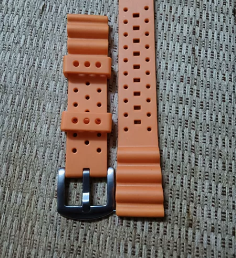 橡胶手表带20mm桔色波浪卷纹理304L不...