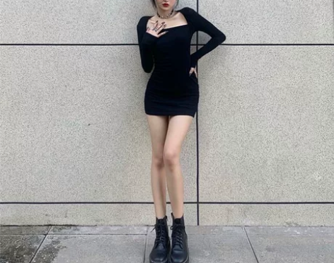 欧美风甜酷辣妹修身显瘦纯色掉肩宫廷方领长袖...