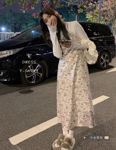 连衣裙少女凯拉法式加厚碎花吊带女装秋季新款...