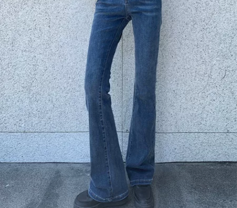 高腰牛仔裤女新款微喇裤深蓝色加长弹力显瘦拖...