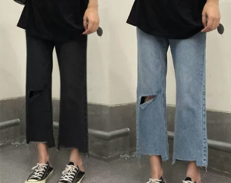 大码破洞牛仔裤女高腰新款胖mm显瘦梨型身材...