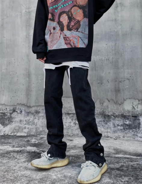 牛仔裤 裤子牛仔裤ins高街设计感黑色潮牌...