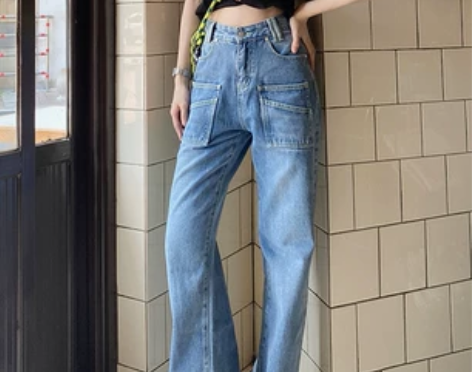 美式直筒加长牛仔裤女高个子高街辣妹拼接口袋...