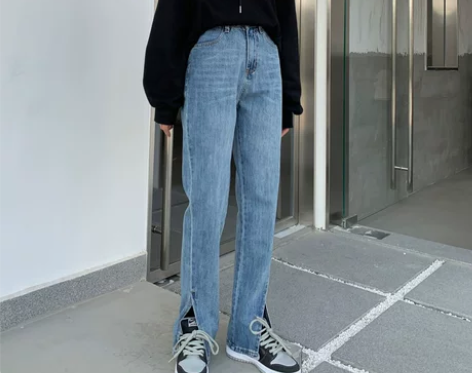 前开叉牛仔裤女2021年新款高腰显瘦开衩阔...