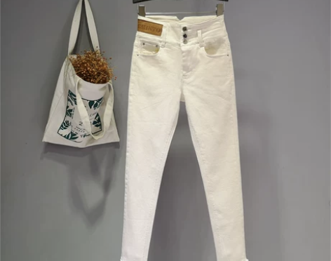 【初夏上新价】米白色单排扣高腰紧身牛仔裤时...