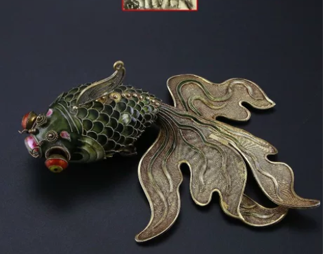 文革出口创汇纯银鎏金珐琅彩金鱼摆件 中国海...