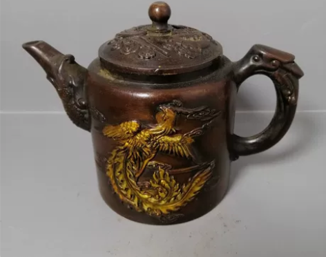 古玩铜器鎏金壶浮雕凤凰水壶茶壶摆件 工艺精...