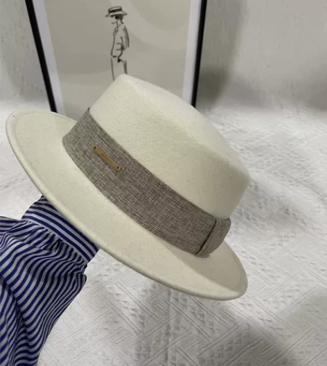 白色法式秋冬平顶羊毛呢礼帽女平沿小沿英伦大...