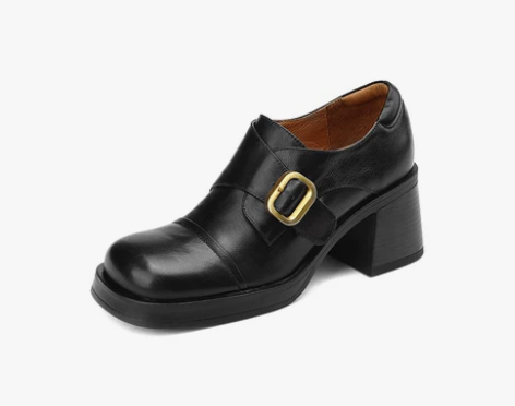 ?真皮粗跟深口单鞋高跟鞋防水台秋季新款圆头...