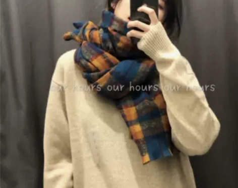 Ourhours英伦复古格子仿羊绒围巾女冬...