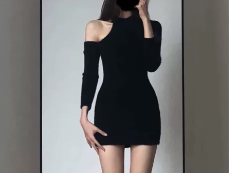 ?包邮:纯欲风露肩性感辣妹包臀裙黑色水貂绒...