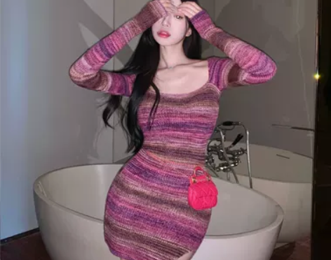 连衣裙女秋冬2021年新款韩系方领长袖针织...