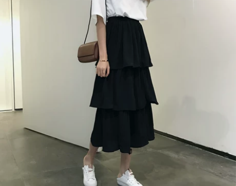 百褶蛋糕裙半身裙中长款夏装韩版宽松显瘦长裙...