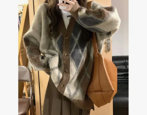 美式复古菱格软糯优惠毛衣女秋季新款宽松慵懒...