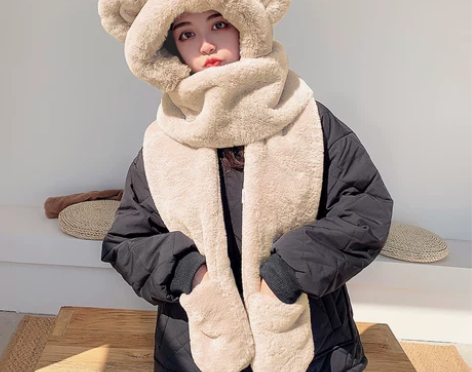 小熊帽子女秋冬天百搭围巾围脖一体冬季骑车保...