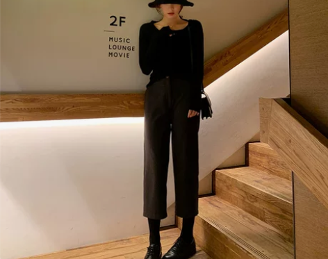 夏诗文定制 复古麻灰色毛呢阔腿裤八分裤子女...