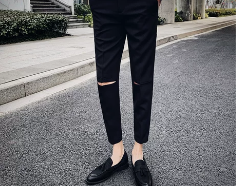 发型师裤子男韩版潮流修身小脚破洞百搭9分休...