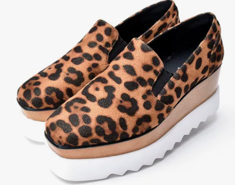 秋冬松糕鞋厚底方头绒面坡跟豹纹单鞋乐福鞋一...