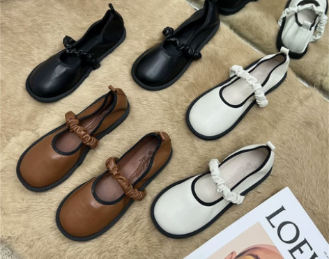 褶皱一字带玛丽珍鞋2022春新款浅口平底复...