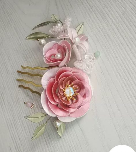 山茶花缠花发梳 豆沙粉渐变色  缠花成品发...