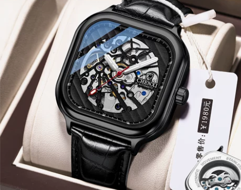 抖音爆款方形高档新款正品全自动机械表夜光镂...