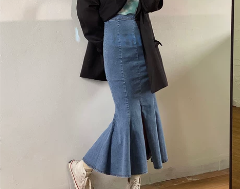 花田橱窗 牛仔高腰开叉鱼尾裙半身裙女a字裙...